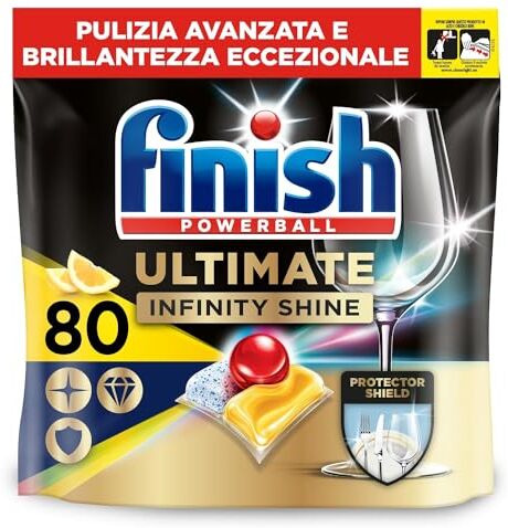 Finish Ultimate Infinity Shine Pastiglie Lavastoviglie al Limone, 80 Capsule, con Scudo Prottettivo contro lo Sporco e i Residui Incrostati