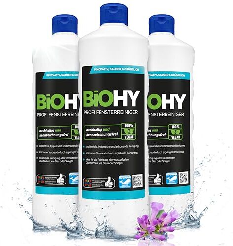 BIOHY Detergente per finestre professionale (3 bottiglie da 1l)   Detergente concentrato per vetri   adatto ai PULITORI A VUOTO PER VETRI   pulizia senza striature (Fensterreiniger)