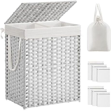 SONGMICS Cesto Portabiancheria con Coperchio, Cesta per Bucato 90L, 2 Scomparti, Sacco Estraibile con Manici, Intrecciato a Mano, in Camera da Letto, Bagno, 33 x 46 x 60 cm, Bianco