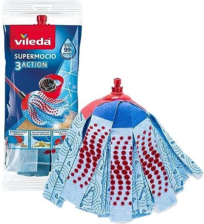 Vileda SuperMocio 3Action ricambio, confezione da 1, adatto per il Sistema lavapavimenti  SuperMocio , per tutti i tipi di pavimento, rimuove oltre il 99% dei batteri solo con acqua