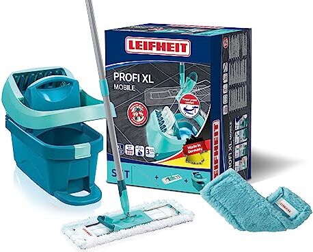 Leifheit Set lavapavimenti mop set Profi XL manico 146 cm rotelle , 1x panno microfibra per tutti i pavimenti, 1x panno elettrostatico, mop lavapavimenti con strizzatore senza chinarsi, Click-System