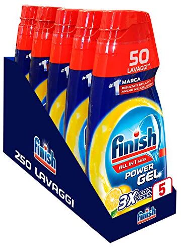 Finish Powergel, Gel Detersivo per Lavastoviglie Liquido, Multiazione, Limone Sgrassante, 250 Lavaggi, 5 Confezioni da 50 Lavaggi