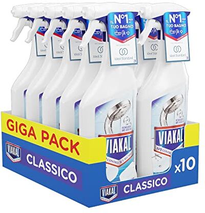 VIAKAL Classico Bagno Anticalcare Spray, 10 Confezioni da 500ml, Tecnologia Anti-Goccia, Elimina Fino Al 100% Di Calcare, Combatte i Cattivi Odori, Formato Convenienza