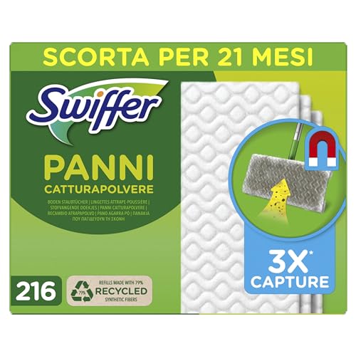 Swiffer 216 Panni Catturapolvere, in Microfibra Dry, Panni Cattura Sporco, Ottimo per Tutti i Tipi di Pavimenti e per i Peli di Animali, Maxi Formato con 79% di Fibre Riciclate