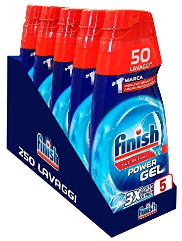 Finish Powergel, Gel Detersivo per Lavastoviglie Liquido, Multiazione, Brillantezza e Protezione, 250 Lavaggi, 5 Confezioni da 50 Lavaggi