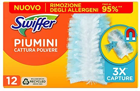 Swiffer Duster Piumini Catturapolvere, 12 Piumini, Cattura e Intrappola Polvere e Sporco, Raggiunge I Punti più Difficili della Casa, Fino al 95% di Allergeni in Meno