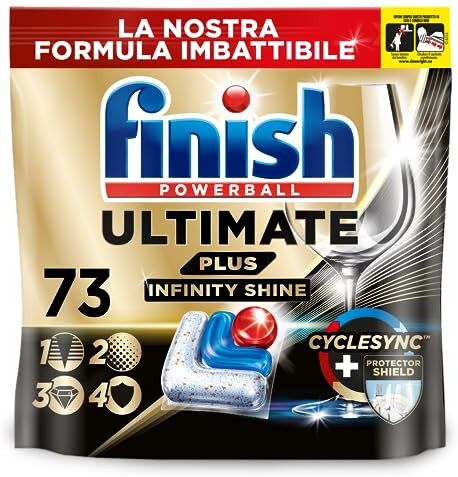 Finish Ultimate PLUS Infinity Shine Pastiglie Lavastoviglie, 73 Capsule Lavastoviglie, Pastiglie per Lavastoviglie con Scudo Protettivo contro lo Sporco e i Residui Incrostati