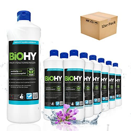 BIOHY Detergente per finestre professionale (12 bottiglie da 1l)   Detergente concentrato per vetri   adatto ai PULITORI A VUOTO PER VETRI   pulizia senza striature (Fensterreiniger)