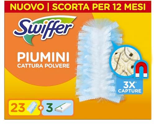 Swiffer Duster Piumini Catturapolvere, 23 Piumini e 3 Panni Lavapavimenti, Cattura e Intrappola Polvere e Sporco, Raggiunge I Punti più Difficili della Casa, Piumini con 33% di Fibre Riciclate