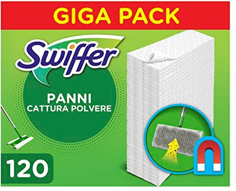 Swiffer Dry Panni Cattura Polvere, 120 Panni, Cattura e Intrappola Polvere e Sporco, Ottimo per i Peli di Animale, per Tutti i Tipi di Pavimenti, Maxi Formato