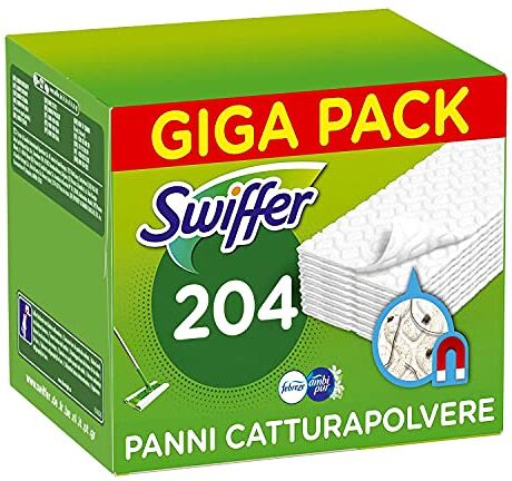 Swiffer Panni Catturapolvere, 204 Panni Microfibra Dry, Panni Cattura Polvere e Sporco, Ottimo per Tutti i Tipi di Pavimenti e per I Peli Di Animali, Panni con 79% di Fibre Riciclate