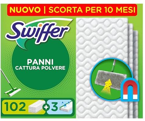 Swiffer Panni Catturapolvere, 102 Panni Microfibra Dry e 3 Panni Lavapavimenti, Panni Cattura Polvere e Sporco, Ottimo per Tutti i Tipi di Pavimenti e per i Peli di Animali, Maxi Formato