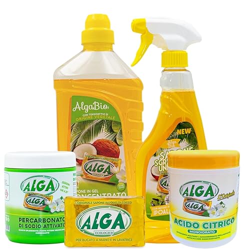 Generic Box Alga Mix- 1 sapone gel per bucato a mano e lavatrice 1 sgrassatore universale 1 sapone solido 1 percarbonato di sodio attivato e 1 acido citrico