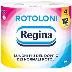 Regina Rotoloni  4 Maxi Rotoli di Carta Igienica, 500 Fogli a 2 Veli, Lunghi Più del Doppio dei Normali Rotoli, Confezione 50% in Plastica Riciclata, Carta 100% Certificata FSC®