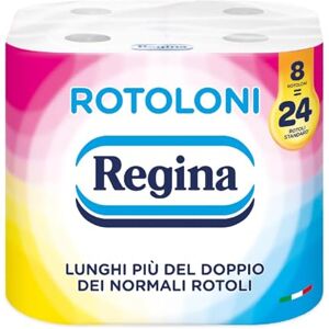 Regina Rotoloni  Maxi Rotoli di Carta Igienica, 500 Fogli a 2 Veli, 50% Plastica Riciclata, Carta 100% Certificata FSC, Confezione da 8