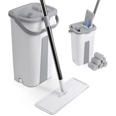 VOUNOT ® Set Mocio Lavapavimenti e Secchio Strizzatore 2 Scomparti, Mop Piatto Rotante 360° con Manico in Acciaio Inox e 6 Panni Ricambio in Microfibra per Pulizia Casa Legno, Parquet, Marmo, Bianco VOUNOT ® Set Mocio Lavapavimenti e Secchio Strizzatore 2 Scomparti, Mop Piatto Rotante 360° con Manico in Acciaio Inox e 6 Panni Ricambio in Microfibra per Pulizia Casa Legno, Parquet, Marmo, Bianco