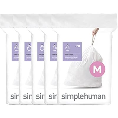 simplehuman Code M 100 sacchetti per la spazzatura, 50% riciclati, su misura, in confezioni dispenser, con resistente manico con coulisse, 45 l, bianco simplehuman Code M 100 sacchetti per la spazzatura, 50% riciclati, su misura, in confezioni dispenser, con resistente manico con coulisse, 45 l, bianco