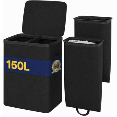 BAKAJI Cesto Portabiancheria Sporca a 2 Scomparti, Cestino Doppio in Poliestere con Sacchi Estraibili per Biancheria e Bucato con Maniglie, Coperchio Antiodore, 56 x 40 x 67 cm (Nero) BAKAJI Cesto Portabiancheria Sporca a 2 Scomparti, Cestino Doppio in Poliestere con Sacchi Estraibili per Biancheria e Bucato con Maniglie, Coperchio Antiodore, 56 x 40 x 67 cm (Nero)