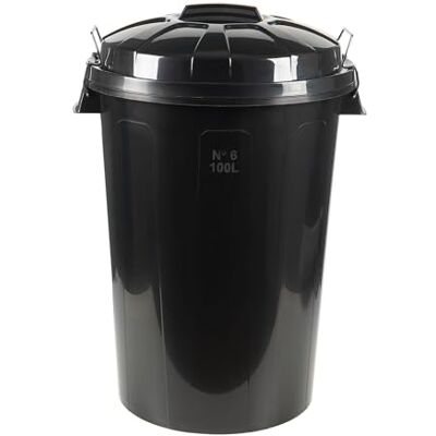 Cofan Pattumiera nera Coperchio e manici in metallo Capacità: 100 litri Materiale: polipropilene Resistente e facile da pulire Cofan Pattumiera nera Coperchio e manici in metallo Capacità: 100 litri Materiale: polipropilene Resistente e facile da pulire