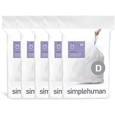 simplehuman Code D 100 Count, veri rivestimenti personalizzati, sacchetti della spazzatura con coulisse in confezioni da distributore, 20 litri / 5,3 galloni, bianco simplehuman Code D 100 Count, veri rivestimenti personalizzati, sacchetti della spazzatura con coulisse in confezioni da distributore, 20 litri / 5,3 galloni, bianco