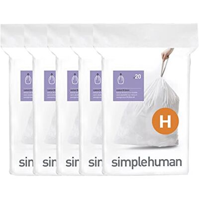simplehuman Code H 100 sacchetti per la spazzatura, 50% riciclati, su misura, in confezioni dispenser con manico resistente con coulisse, 30-35 l, bianco simplehuman Code H 100 sacchetti per la spazzatura, 50% riciclati, su misura, in confezioni dispenser con manico resistente con coulisse, 30-35 l, bianco