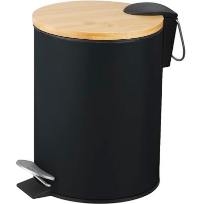 Amig Pattumiera da bagno con pedale 3 litri Colore nero e bambù Apertura igienica senza mani Ø16,8 x 23 cm Acciaio inox laccato Cestino rotondo con coperchio ermetico Amig Pattumiera da bagno con pedale 3 litri Colore nero e bambù Apertura igienica senza mani Ø16,8 x 23 cm Acciaio inox laccato Cestino rotondo con coperchio ermetico