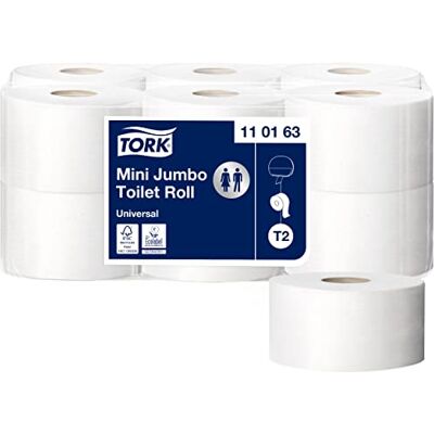 Tork Rotoli di Carta Igienica Mini Jumbo Advanced a lunga durata, compatibile con sistema T2 Mini, 1 velo, 1 conf. x 12 rotoli (12 x 240 m), 1714 strappi x rotolo, bianco Tork Rotoli di Carta Igienica Mini Jumbo Advanced a lunga durata, compatibile con sistema T2 Mini, 1 velo, 1 conf. x 12 rotoli (12 x 240 m), 1714 strappi x rotolo, bianco