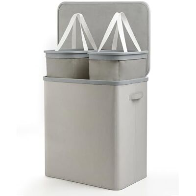 KEPLIN Cesto portabiancheria doppio pieghevole con coperchio e fodera rimovibile, 50 l, 2 scomparti, cesto portabiancheria in tessuto con manici, facile da montare, elegante contenitore per la casa KEPLIN Cesto portabiancheria doppio pieghevole con coperchio e fodera rimovibile, 50 l, 2 scomparti, cesto portabiancheria in tessuto con manici, facile da montare, elegante contenitore per la casa