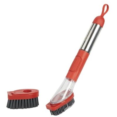 Vileda Spazzola per piatti con dispenser per detersivo e testa intercambiabile, in acciaio inox con dosaggio a pressione pulsante, spazzola per lavare i piatti con setole in gomma flessibili per Vileda Spazzola per piatti con dispenser per detersivo e testa intercambiabile, in acciaio inox con dosaggio a pressione pulsante, spazzola per lavare i piatti con setole in gomma flessibili per