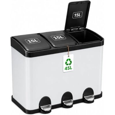 Amig Pattumiera tripla con pedali 45 litri Mod. RECIK3-3 scomparti estraibili da 15 litri Pattumiera per raccolta differenziata da cucina Acciaio Dimensioni: 60 x 37 x 49 cm Bianca Amig Pattumiera tripla con pedali 45 litri Mod. RECIK3-3 scomparti estraibili da 15 litri Pattumiera per raccolta differenziata da cucina Acciaio Dimensioni: 60 x 37 x 49 cm Bianca