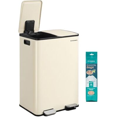 SONGMICS Cestino da Cucina, 2 x 30 L, 2 Scomparti, Pattumiera a Pedale con Coperchio a Chiusura Morbida e Secchio Interno, Acciaio, 15 Sacchi Inclusi, Color Crema SONGMICS Cestino da Cucina, 2 x 30 L, 2 Scomparti, Pattumiera a Pedale con Coperchio a Chiusura Morbida e Secchio Interno, Acciaio, 15 Sacchi Inclusi, Color Crema