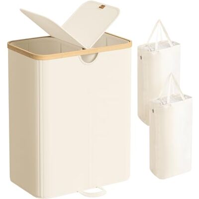 SONGMICS Cesto Portabiancheria a 2 Scomparti, Porta Biancheria 150 L, con Coperchio, Sacchi Interni Rimovibili, per Lavanderia Camera da Letto Soggiorno, Bianco Crema e Beige Naturale LCB523W01 SONGMICS Cesto Portabiancheria a 2 Scomparti, Porta Biancheria 150 L, con Coperchio, Sacchi Interni Rimovibili, per Lavanderia Camera da Letto Soggiorno, Bianco Crema e Beige Naturale LCB523W01