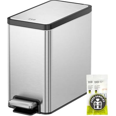 EKO Pattumiera da bagno sottile con coperchio, in acciaio inox, con secchio interno rimovibile, 6 l, pattumiera a gradino EKO Pattumiera da bagno sottile con coperchio, in acciaio inox, con secchio interno rimovibile, 6 l, pattumiera a gradino