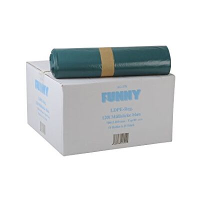 Funny Sacchi della spazzatura in LDPE (polietilene a bassa densità) rigenerato, in rotolo, tipo 80, 1 x 250 pezzi, 120 l, colore: Blu Funny Sacchi della spazzatura in LDPE (polietilene a bassa densità) rigenerato, in rotolo, tipo 80, 1 x 250 pezzi, 120 l, colore: Blu