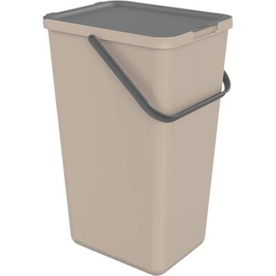 Sundis Loops, pattumiera per la raccolta differenziata 32L, rettangolare, in plastica riciclata tortora, con coperchio, maniglia, manico ed etichette adesive, per cucina, mensa, ristorante, sala pausa Sundis Loops, pattumiera per la raccolta differenziata 32L, rettangolare, in plastica riciclata tortora, con coperchio, maniglia, manico ed etichette adesive, per cucina, mensa, ristorante, sala pausa