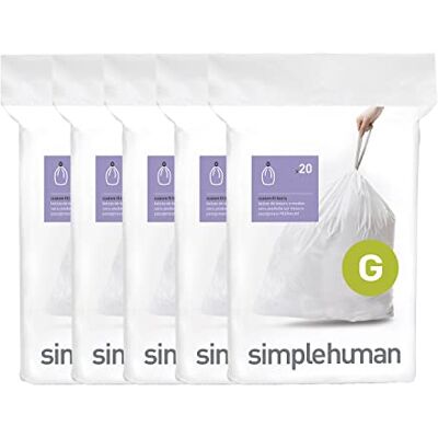 simplehuman Code G Sacchetti per la spazzatura con coulisse, confezione da 100 pezzi, 30 litri, colore: bianco simplehuman Code G Sacchetti per la spazzatura con coulisse, confezione da 100 pezzi, 30 litri, colore: bianco