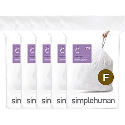 simplehuman Code F Sacchetti per rifiuti con coulisse, 25-30 litri, colore: bianco, 100 pezzi simplehuman Code F Sacchetti per rifiuti con coulisse, 25-30 litri, colore: bianco, 100 pezzi