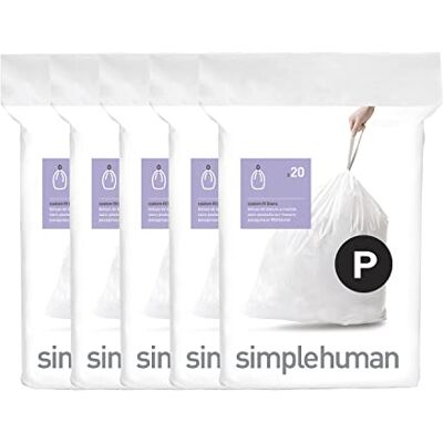 simplehuman Code P Sacchetti per la spazzatura con cordoncino, 50-60 litri, 13-16 litri, colore: bianco, 100 pezzi simplehuman Code P Sacchetti per la spazzatura con cordoncino, 50-60 litri, 13-16 litri, colore: bianco, 100 pezzi