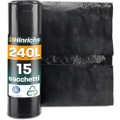 Hinrichs Sacchi Spazzatura Heavy Duty 240 L 100x125 cm Rotolo da 15 Sacchi Spazzatura LDPE Riciclato Sacchi Nero Hinrichs Sacchi Spazzatura Heavy Duty 240 L 100x125 cm Rotolo da 15 Sacchi Spazzatura LDPE Riciclato Sacchi Nero