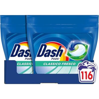 Dash Pods Detersivo Lavatrice In Capsule, 116 Lavaggi (58x2), Classico Fresco, Rimuove Le Macchie, Efficace A Freddo Anche E In Cicli Brevi Dash Pods Detersivo Lavatrice In Capsule, 116 Lavaggi (58x2), Classico Fresco, Rimuove Le Macchie, Efficace A Freddo Anche E In Cicli Brevi