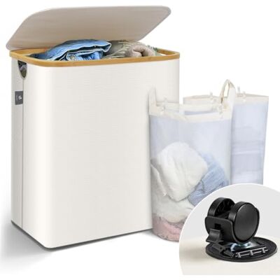VOUNOT ® Cesto Portabiancheria 145L con Ruote, Cesta Biancheria Sporca con Coperchio e Manici in Bambù, Porta Biancheria Pieghevole Cesta Panni Sporchi per Bagno o Lavanderia Vestiti, Beige VOUNOT ® Cesto Portabiancheria 145L con Ruote, Cesta Biancheria Sporca con Coperchio e Manici in Bambù, Porta Biancheria Pieghevole Cesta Panni Sporchi per Bagno o Lavanderia Vestiti, Beige