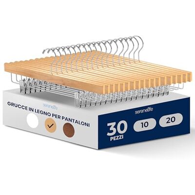 SereneLife Grucce Appendiabiti Salvaspazio in Legno Naturale, Stampelle Armadio 30 Pezzi con Pinze Regolabili, 35,5x1,3x17 cm, Grucce per Pantaloni e Abiti SereneLife Grucce Appendiabiti Salvaspazio in Legno Naturale, Stampelle Armadio 30 Pezzi con Pinze Regolabili, 35,5x1,3x17 cm, Grucce per Pantaloni e Abiti