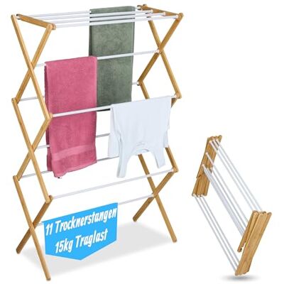 Relaxdays Stendibiancheria Pieghevole, Stendino Verticale Torre, 11 Aste Stendi Panni, 115x73x33cm, bambù, Ferro, Bianco Relaxdays Stendibiancheria Pieghevole, Stendino Verticale Torre, 11 Aste Stendi Panni, 115x73x33cm, bambù, Ferro, Bianco