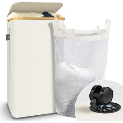 VOUNOT ® Cesto Portabiancheria 100L con Ruote, Cesta Biancheria Sporca con Coperchio e Manici in Bambù, Porta Biancheria Pieghevole Cesta Panni Sporchi per Bagno o Lavanderia Vestiti, Beige VOUNOT ® Cesto Portabiancheria 100L con Ruote, Cesta Biancheria Sporca con Coperchio e Manici in Bambù, Porta Biancheria Pieghevole Cesta Panni Sporchi per Bagno o Lavanderia Vestiti, Beige