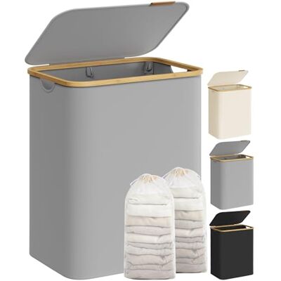 SONGMICS Cesto Portabiancheria con Coperchio a 2 Scomparti, Cesta per Bucato, 130L, Sacco Rimovibile, Tessuto Oxford, Manici di Bambù Pieghevole, 52 x 38,5 x 70,5 cm, Grigio Tortora LCB513G01 SONGMICS Cesto Portabiancheria con Coperchio a 2 Scomparti, Cesta per Bucato, 130L, Sacco Rimovibile, Tessuto Oxford, Manici di Bambù Pieghevole, 52 x 38,5 x 70,5 cm, Grigio Tortora LCB513G01