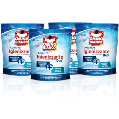 Omino Bianco Additivo Lavatrice Igienizzante Idrocaps, Capsule Idrosolubili per Bucato, Tecnologia Deo+, Contro Batteri e Cattivi Odori, 10 Caps x 4 Confezioni Omino Bianco Additivo Lavatrice Igienizzante Idrocaps, Capsule Idrosolubili per Bucato, Tecnologia Deo+, Contro Batteri e Cattivi Odori, 10 Caps x 4 Confezioni