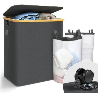 VOUNOT ® Cesto Portabiancheria 145L con Ruote, Cesta Biancheria Sporca con Coperchio e Manici in Bambù, Porta Biancheria Pieghevole Cesta Panni Sporchi per Bagno o Lavanderia Vestiti, Grigio VOUNOT ® Cesto Portabiancheria 145L con Ruote, Cesta Biancheria Sporca con Coperchio e Manici in Bambù, Porta Biancheria Pieghevole Cesta Panni Sporchi per Bagno o Lavanderia Vestiti, Grigio