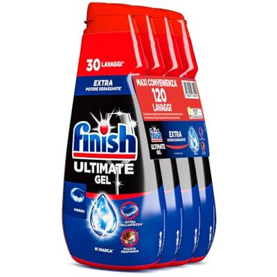 Finish Ultimate Gel, Detersivo per Lavastoviglie, 120 Lavaggi, 4 confezioni da 30 Lavaggi, Fresh, Extra Potere Sgrassante, Extra Brillantezza, Pulizia Profonda Finish Ultimate Gel, Detersivo per Lavastoviglie, 120 Lavaggi, 4 confezioni da 30 Lavaggi, Fresh, Extra Potere Sgrassante, Extra Brillantezza, Pulizia Profonda