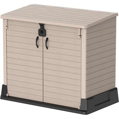 Duramax StoreAway 850L Plastic Garden Shed, Outdoor Storage Shed, Wheelie bin box, Wheelie Bin Hideaways, Durable Construction, Ideal for Tools, BBQs & 2x Garbage Bins, 130x74x110 cm, Warm Taupe Duramax StoreAway 850L Plastic Garden Shed, Outdoor Storage Shed, Wheelie bin box, Wheelie Bin Hideaways, Durable Construction, Ideal for Tools, BBQs & 2x Garbage Bins, 130x74x110 cm, Warm Taupe