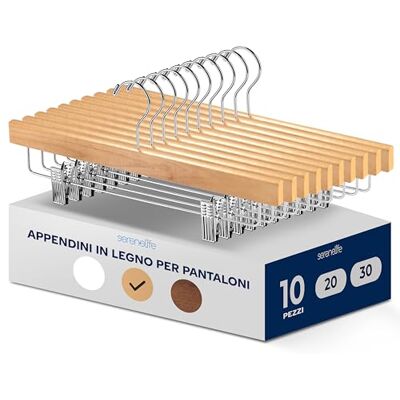 SereneLife Grucce Appendiabiti Salvaspazio in Legno 10 Pezzi con Pinze Regolabili, Grucce con Gancio Rotante 360°, 35,5x1,3x17 cm, Stampelle Armadio per Pantaloni e Gonne, Naturale SereneLife Grucce Appendiabiti Salvaspazio in Legno 10 Pezzi con Pinze Regolabili, Grucce con Gancio Rotante 360°, 35,5x1,3x17 cm, Stampelle Armadio per Pantaloni e Gonne, Naturale